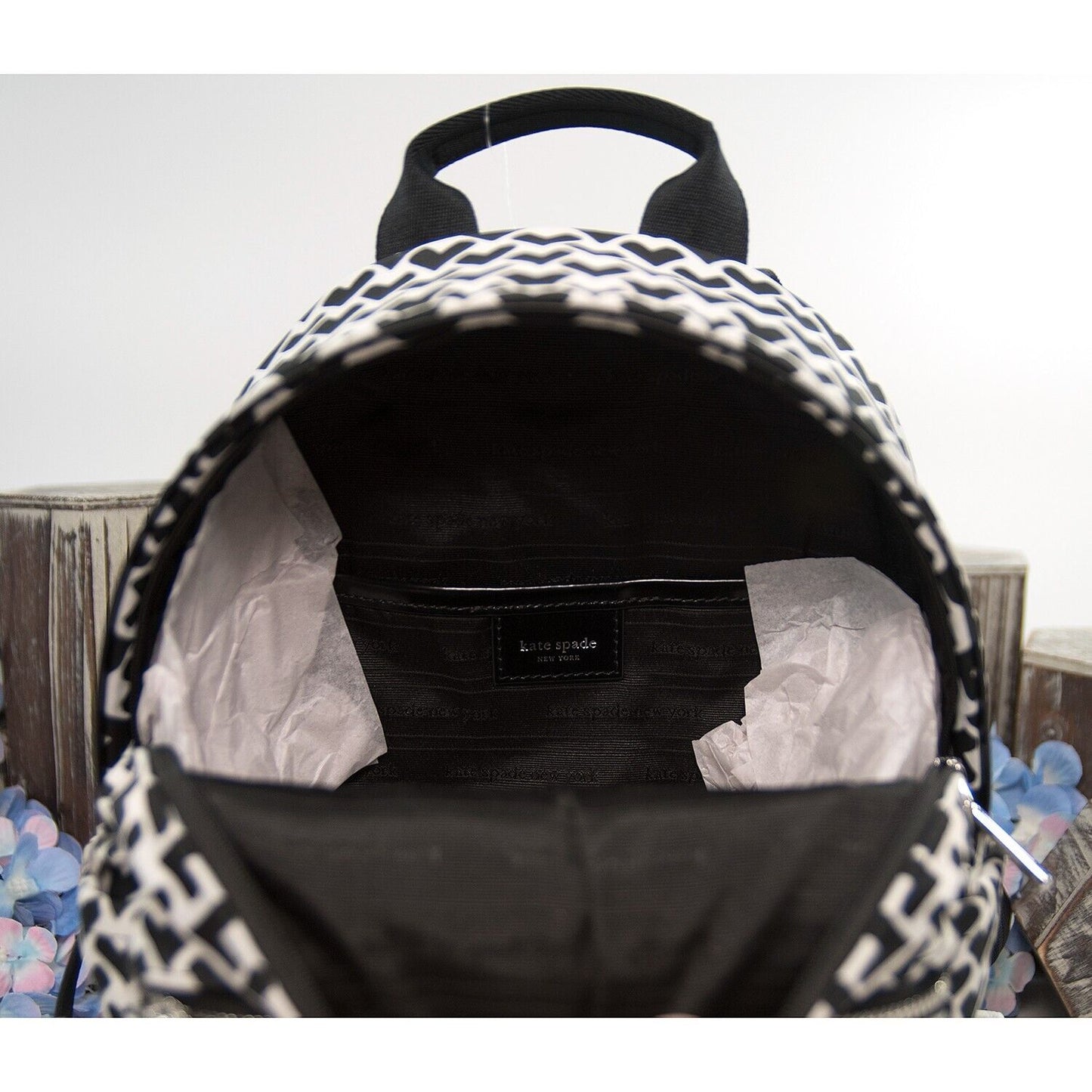 Kate Spade Sam Icon Black White Heart Nylon Jacquard Small Backpack Bag NWT