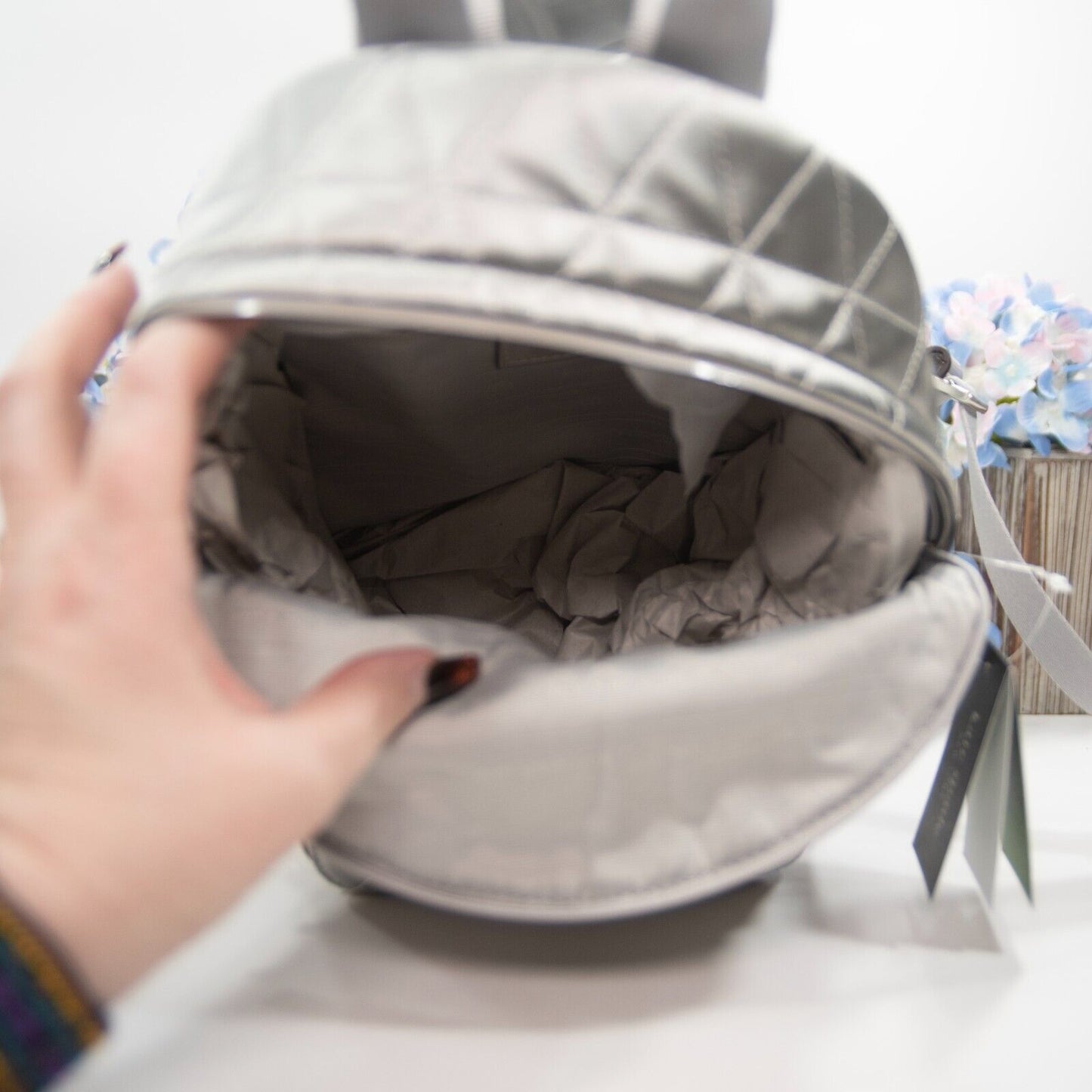 Kate Spade Sam Icon Quilted Silver Satin Nylon Small Backpack Bag NWT