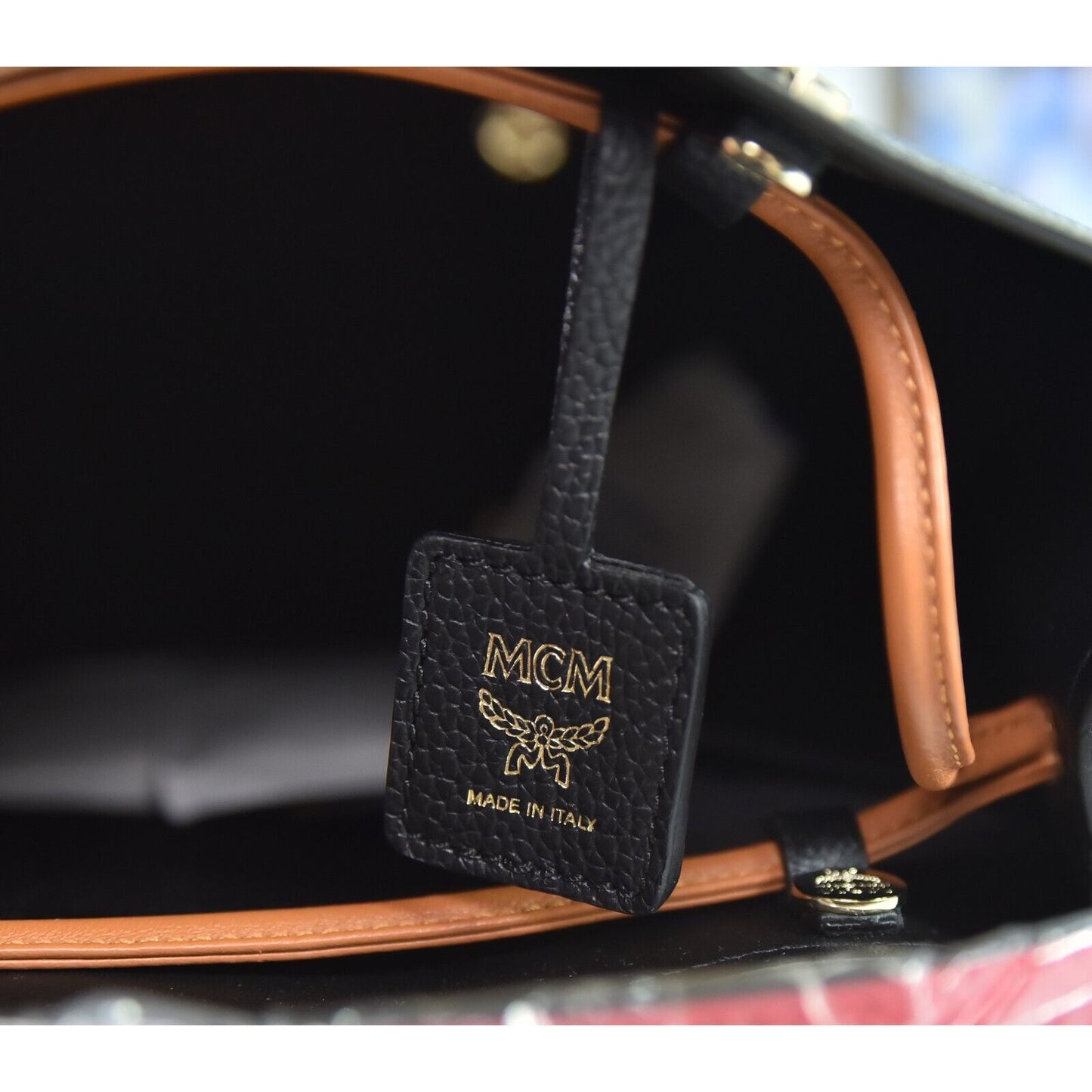 MCM Red Black Goatskin Mini Upcycling Project Flower Milano Drawstring Bag NWT