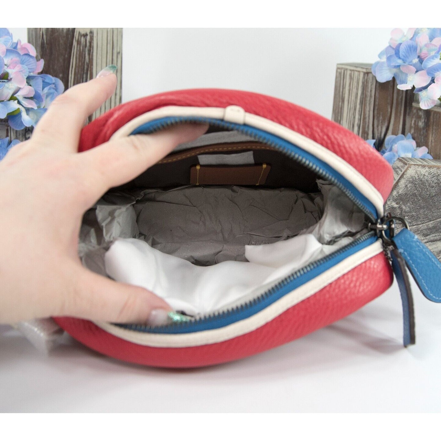 Coach Red Blue Colorblock Leather Camera Guitar Strap Crossbody Bag NWT C6833