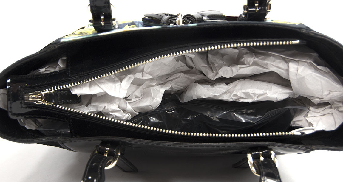 Karen Millen Black Blue Floral Color Block Patent Leather Suede Tote NWT