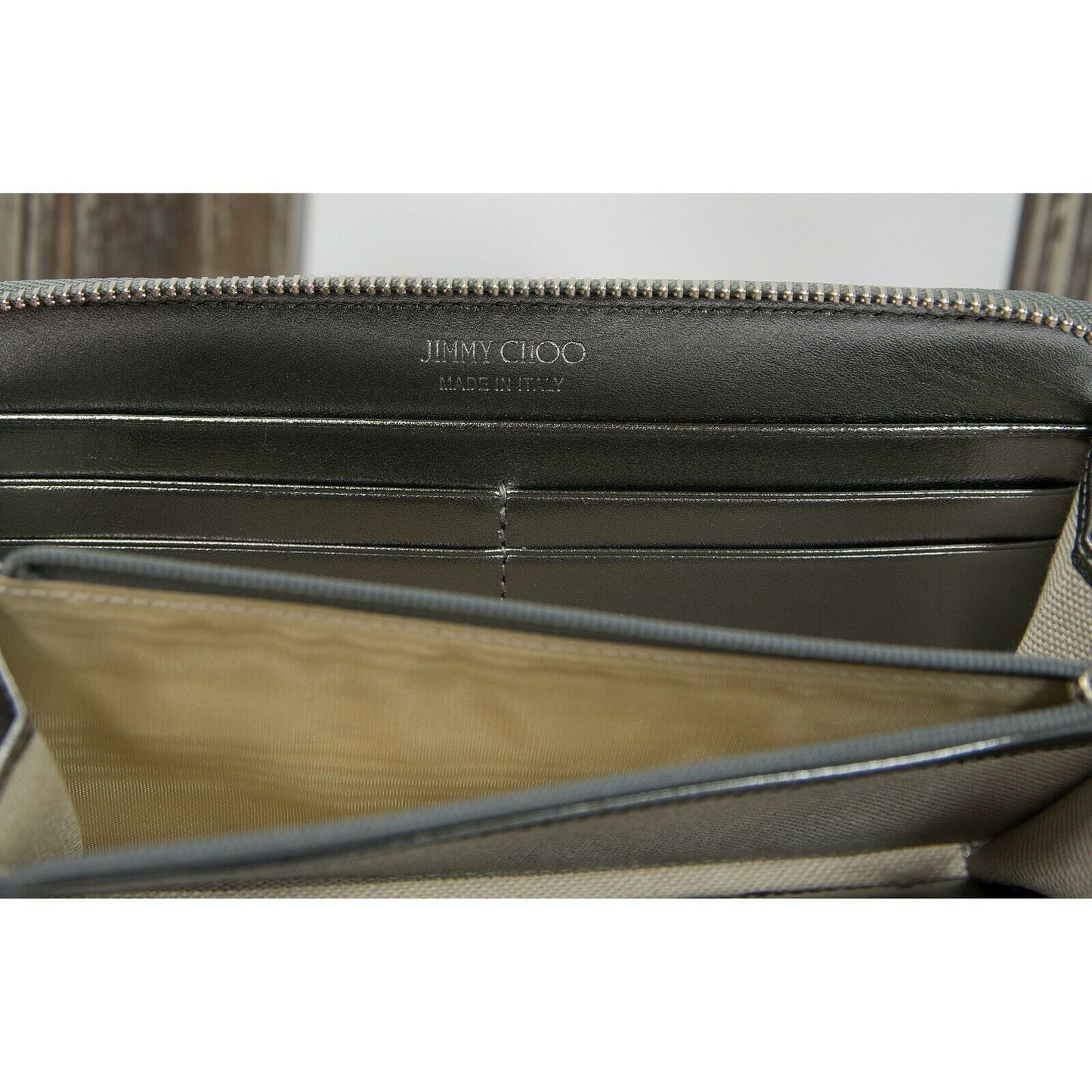 Jimmy Choo Gunmetal Metallic Leather Large Zip Around Continental Wallet NWT