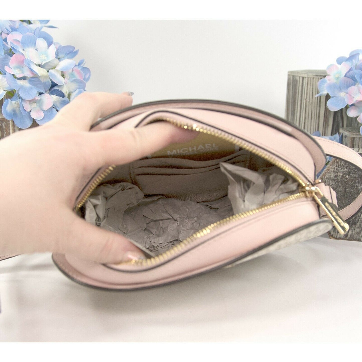 Michael Kors Oval Vanilla Monogram Powder Pink Large Crossbody NWT