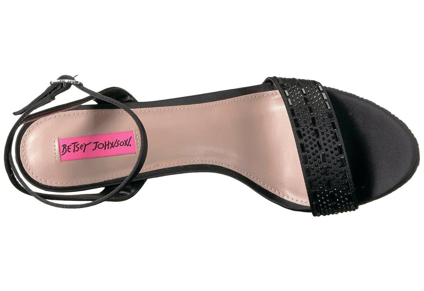 Betsey Johnson Brodway Black Satin Crystal Ankle Strap Heel Pumps 7.5 NWOB