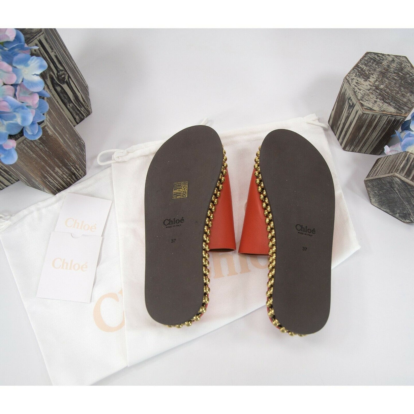 Chloe Orange Leather Bead Chain Flat Mules Slides Sz 37 NIB