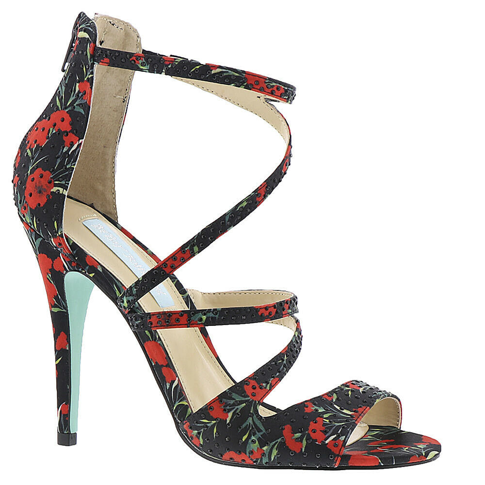 Betsey Johnson Izzy Black Red Satin Crystal Ankle Strap Stiletto Heels 6 NIB