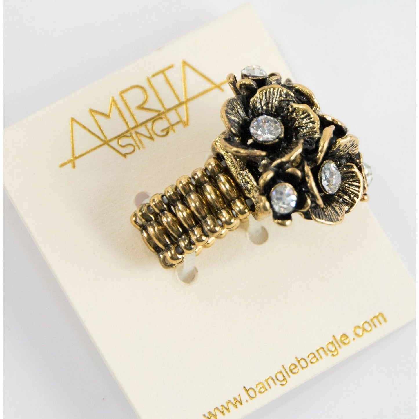 Amrita Singh Antique Gold Crystal Eliza Floral Stretch Cocktail Ring RC 478 NWT