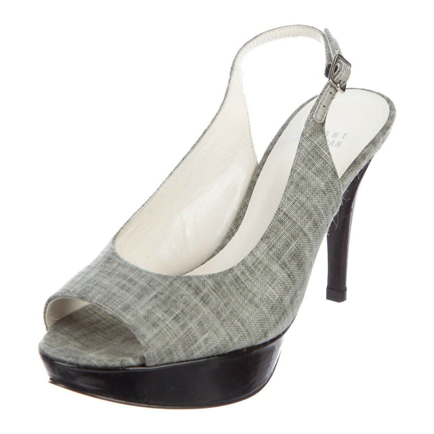 Stuart Weitzman Grey Linen Black Patent Leather Slingback Platform Heels 10 EUC