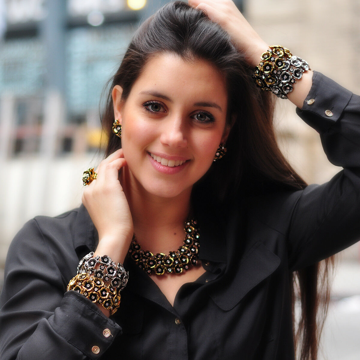 Amrita Singh Antique Gold Crystal Eliza 3D Flower Stretch Bracelet BRC 1503 NWT