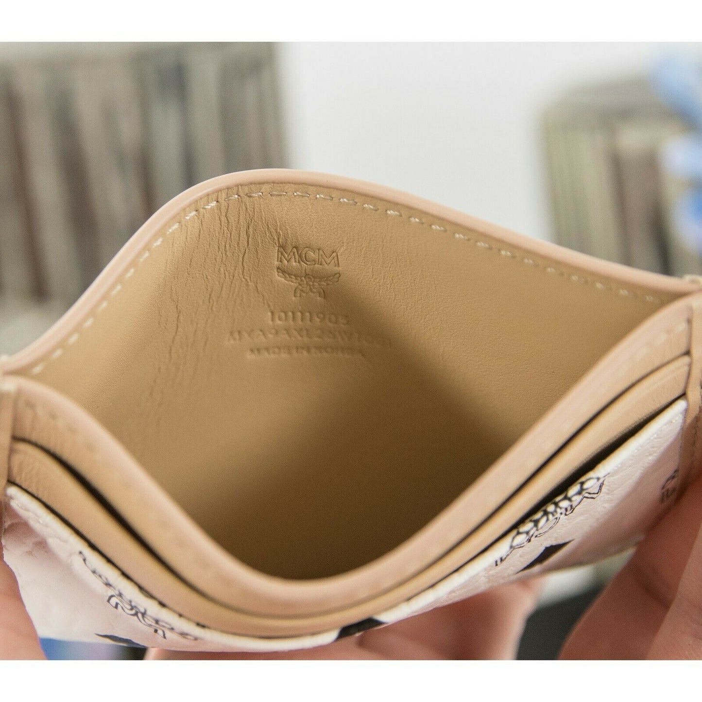 MCM Monogram Spot Viseto White Natural Leather Card Case Holder NWT