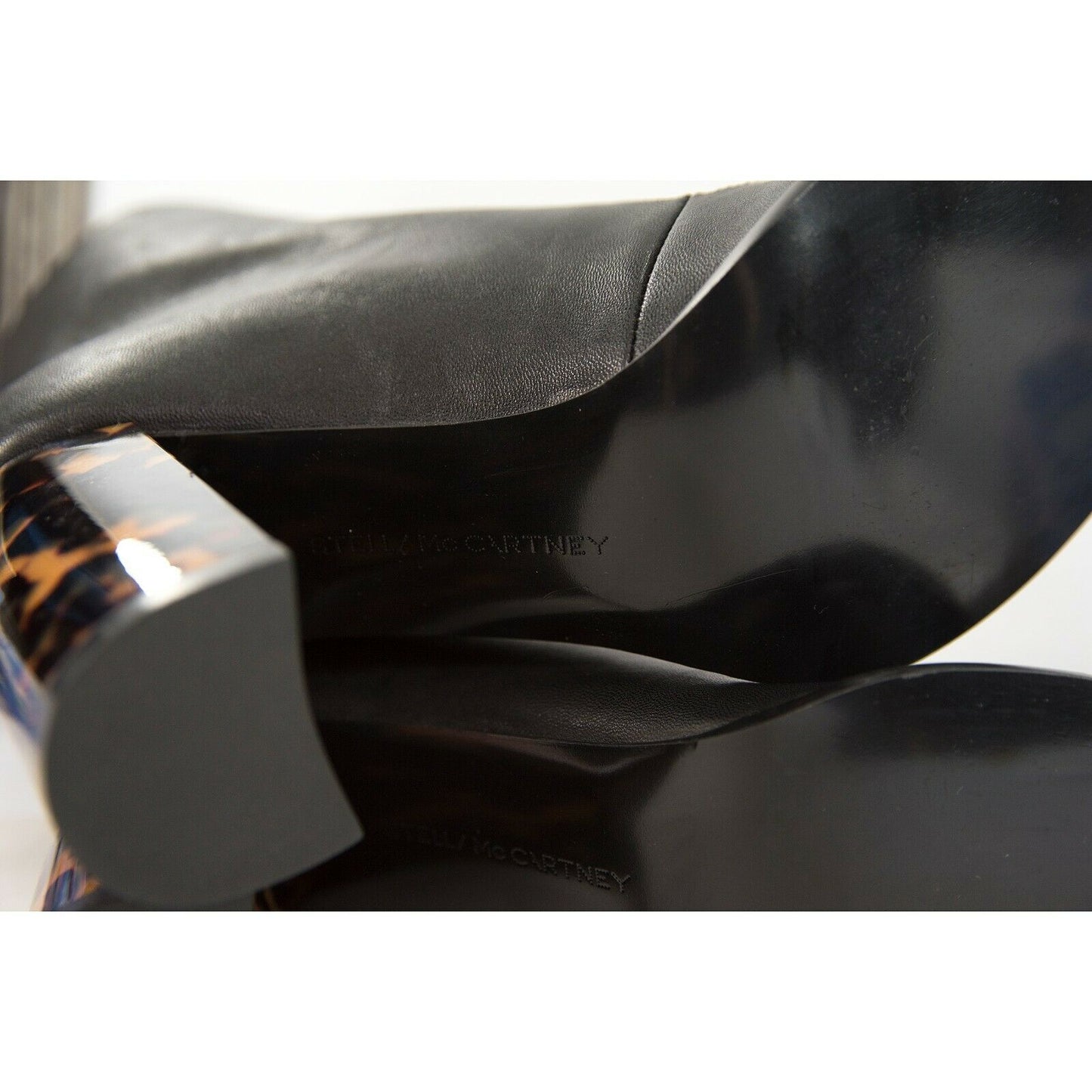 Stella McCartney Black Faux Leather Vegan Posie Bootie Tortoise Heels 37.5 NIB
