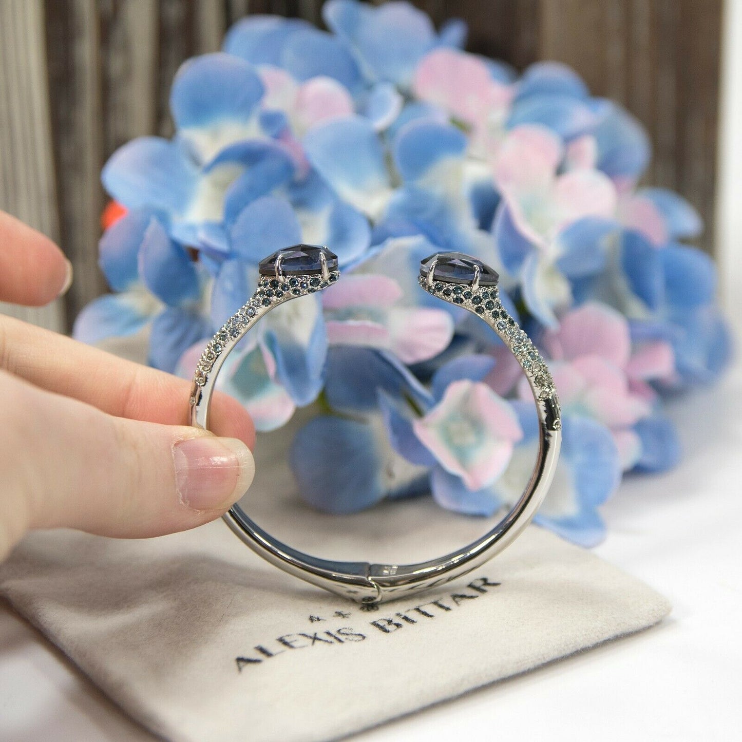 Alexis Bittar Blue Ombre Crystal Break Hinge Cuff Bangle Bracelet NWT