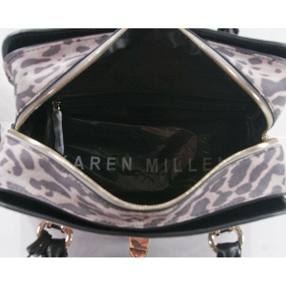 Karen Millen Purple Ivory Suede Leopard Black Leather Large Satchel NWT