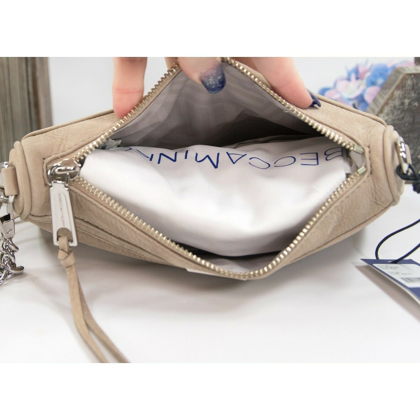 Rebecca Minkoff Mini MAC Sand Nubuck Embroidered Floral Crossbody Clutch Bag