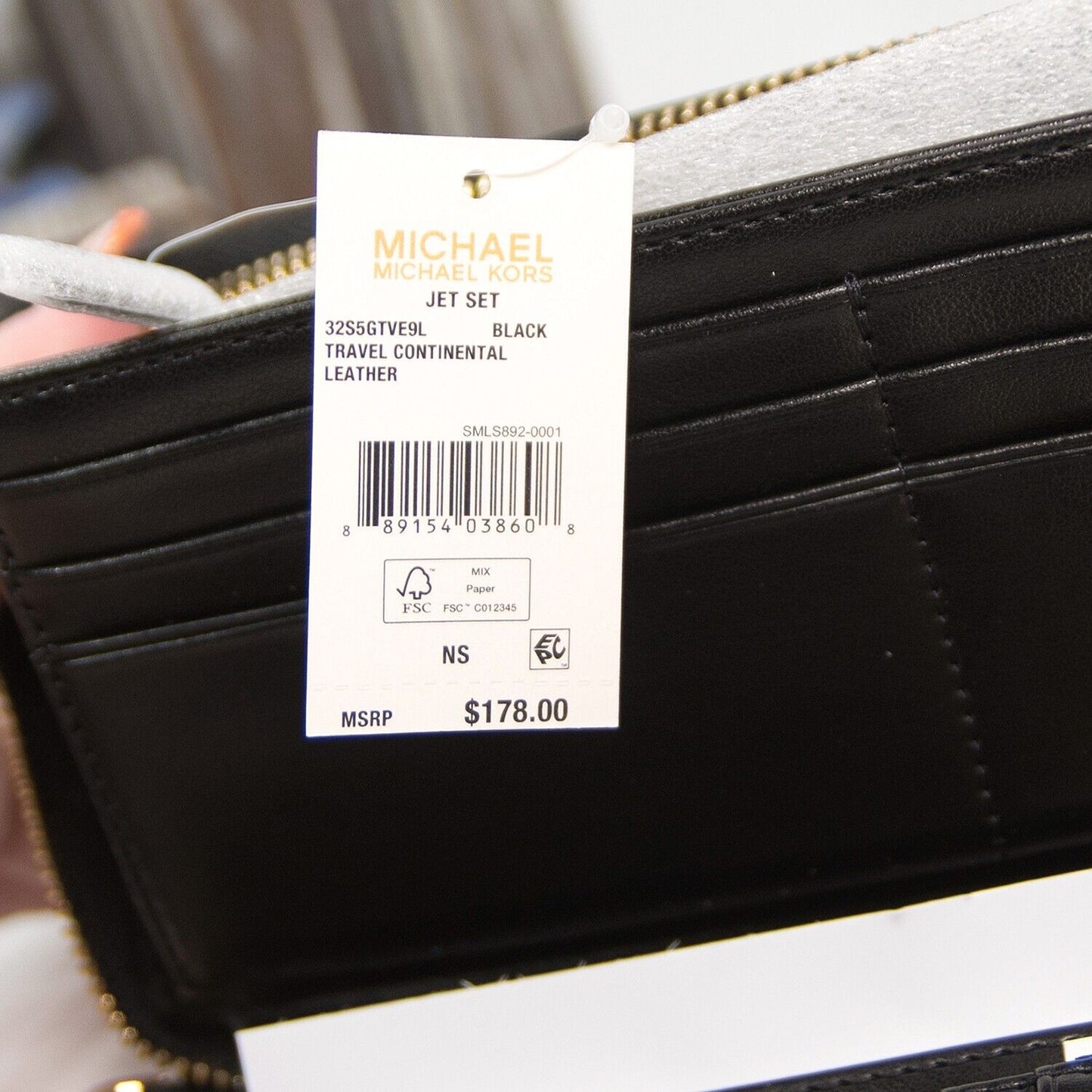 Michael Kors Black Leather Zip Around Travel Wallet NWT
