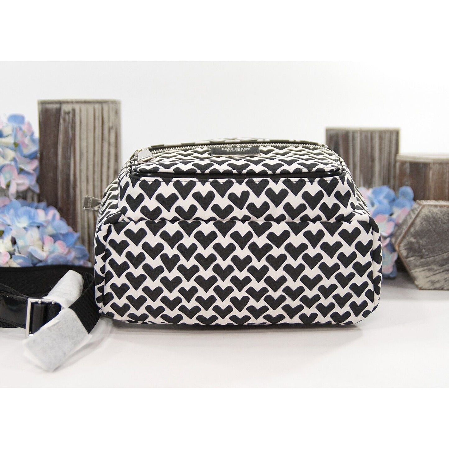Kate Spade Sam Icon Black White Heart Nylon Jacquard Small Backpack Bag NWT