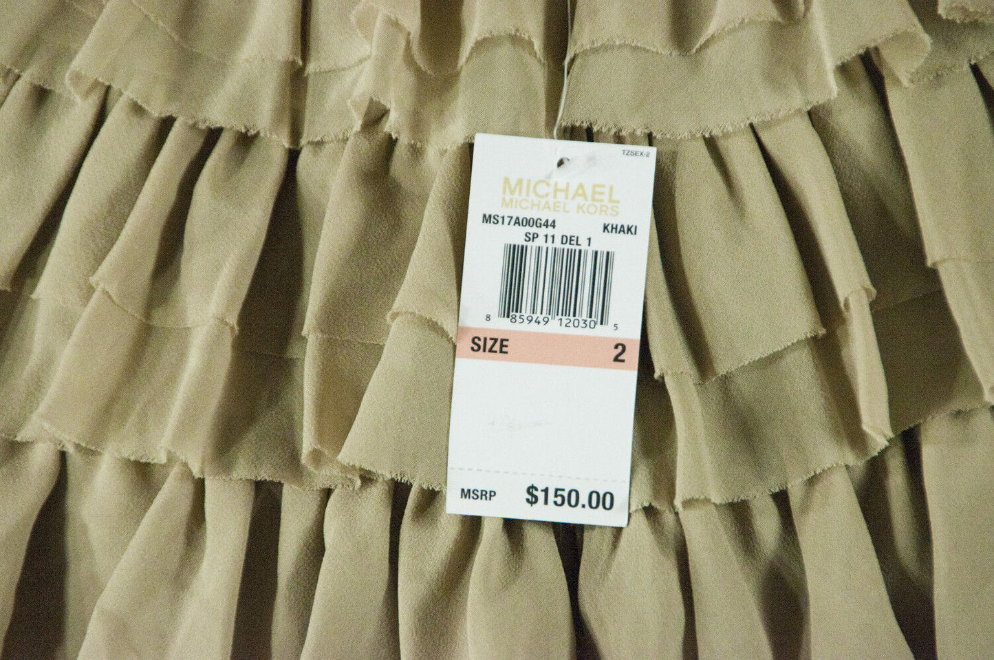 Michael Kors Khaki Silk Tiered Ruffle Raw Edge A Line Mini Skirt Size 2 NWT