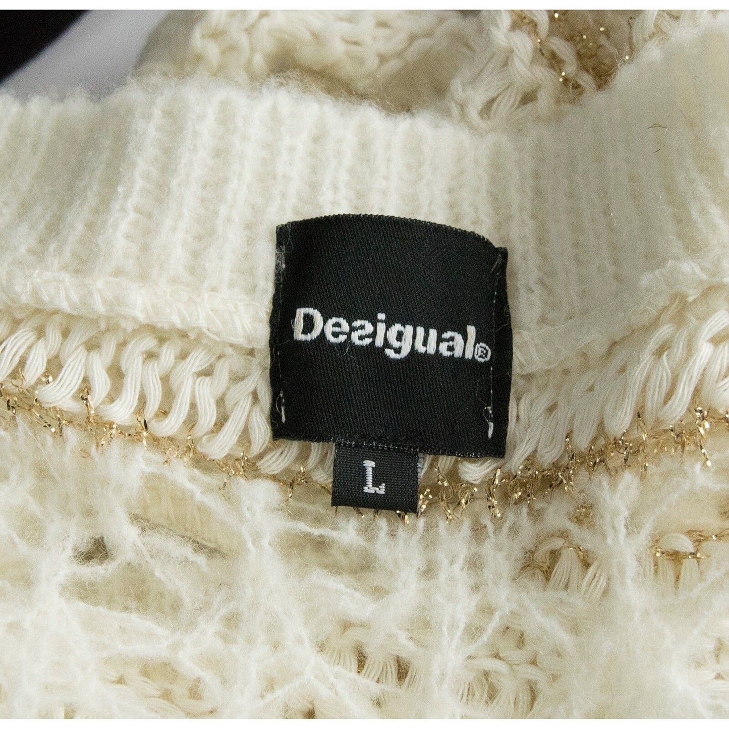 Desigual Wool V Neck Metallic Gold Cream Open Knit Plunge Front Sweater L NWOT
