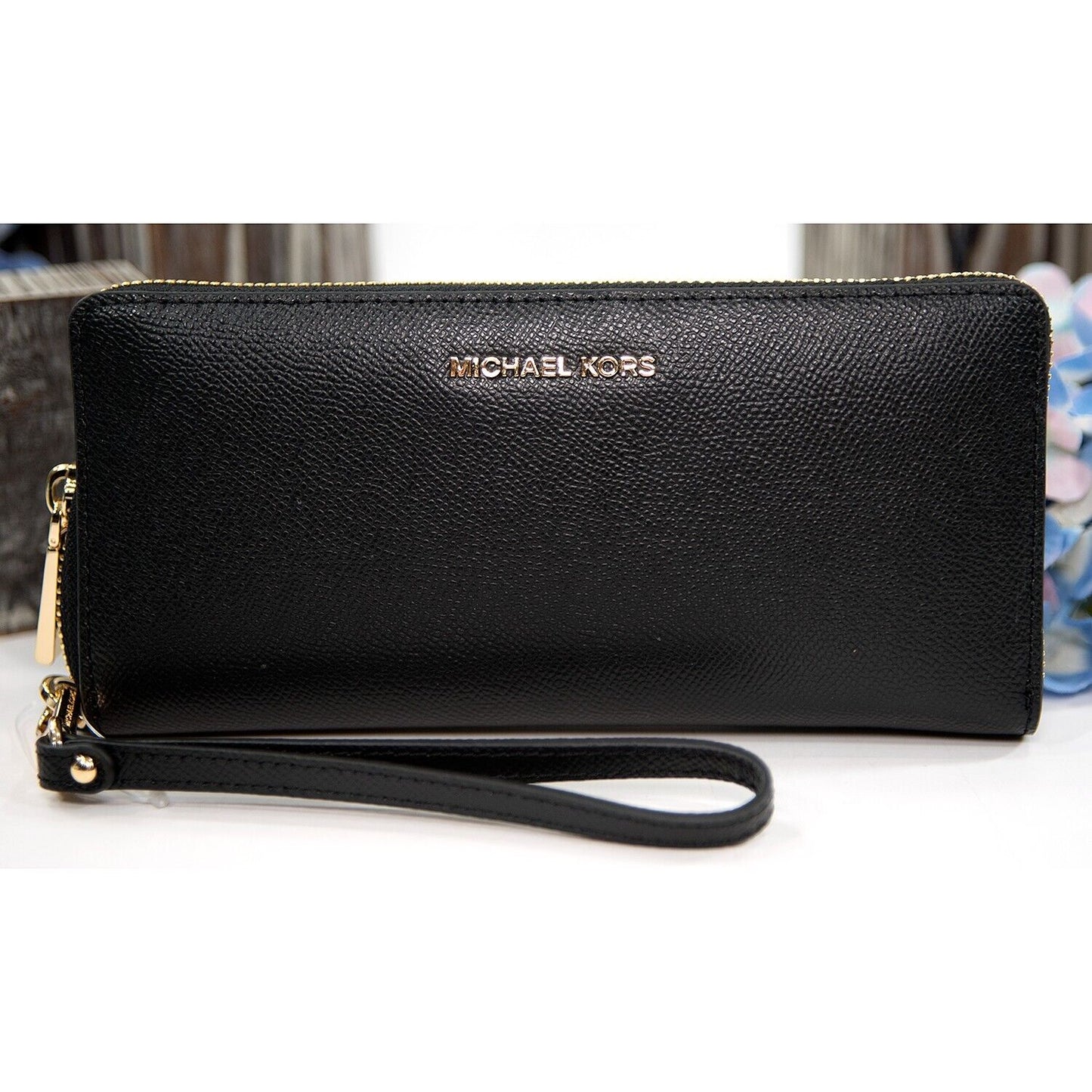 Michael Kors Black Leather Zip Around Travel Wallet NWT