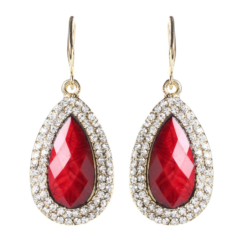 Amrita Singh Culver Ruby Resin Crystal Teardrop Gold Tone Earrings ERC 9929 NWT