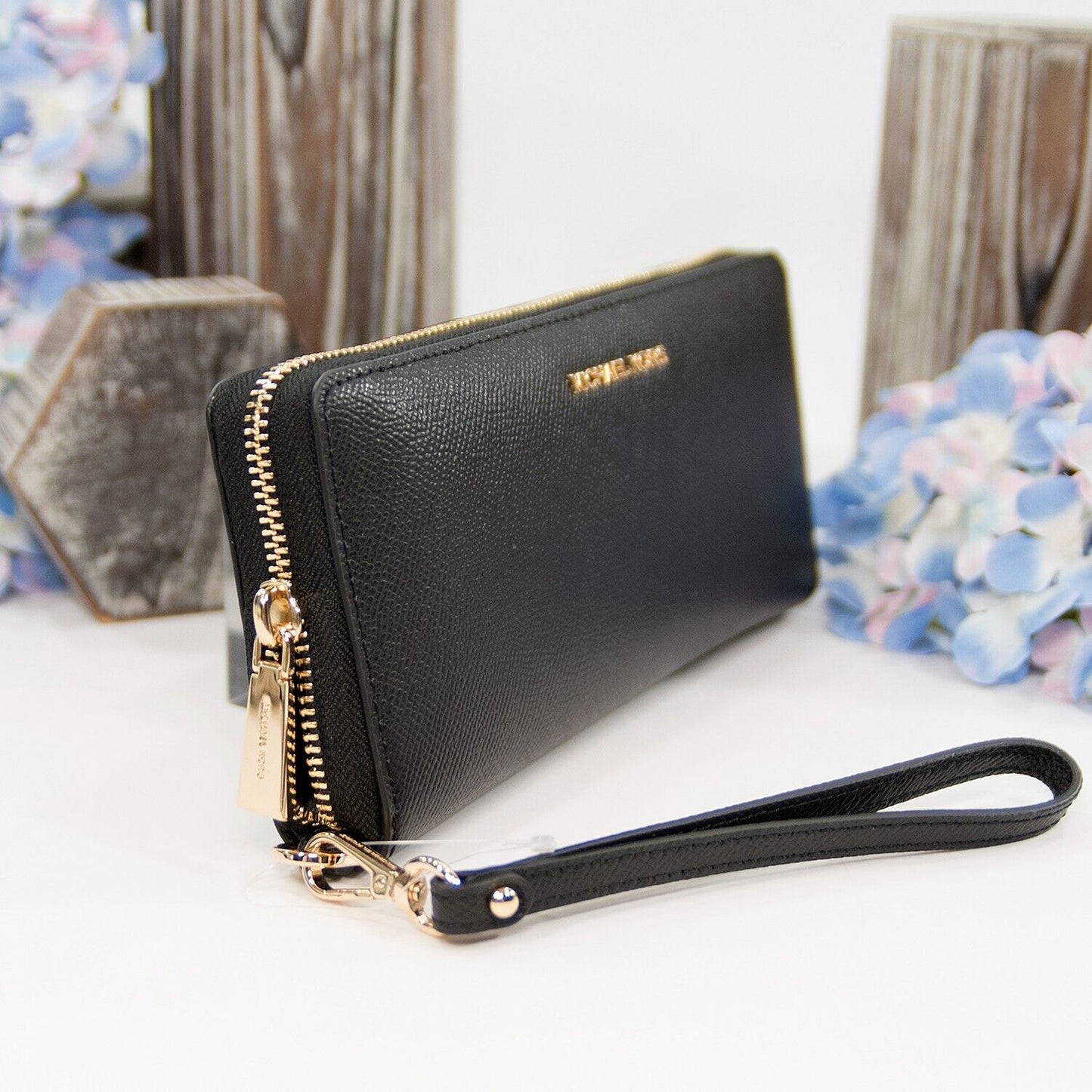 Michael Kors Black Leather Zip Around Travel Wallet NWT