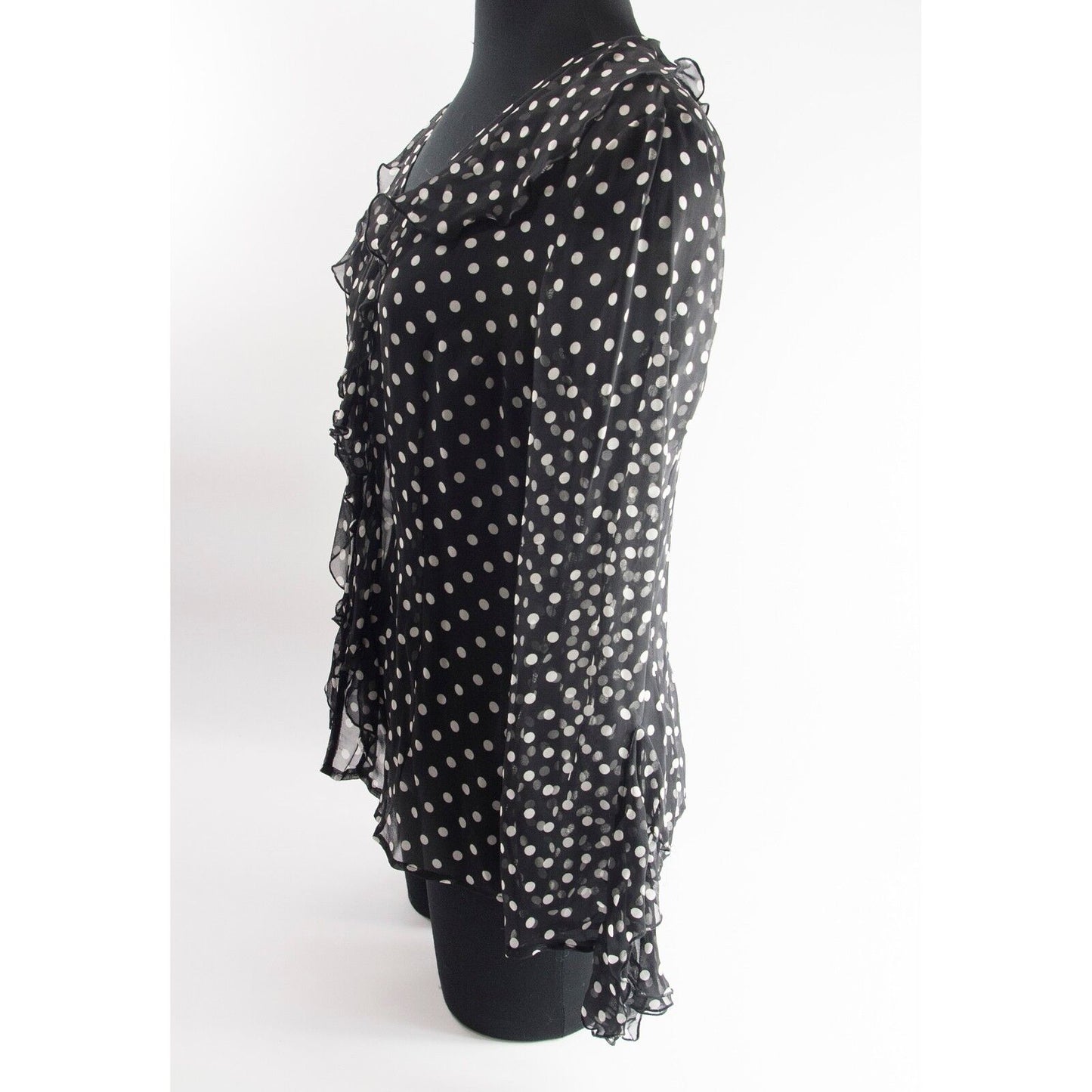 Carlo Colucci Silk Black Ruffle Tuxedo Polka Dot Blouse 38 Made in Italy RT $395