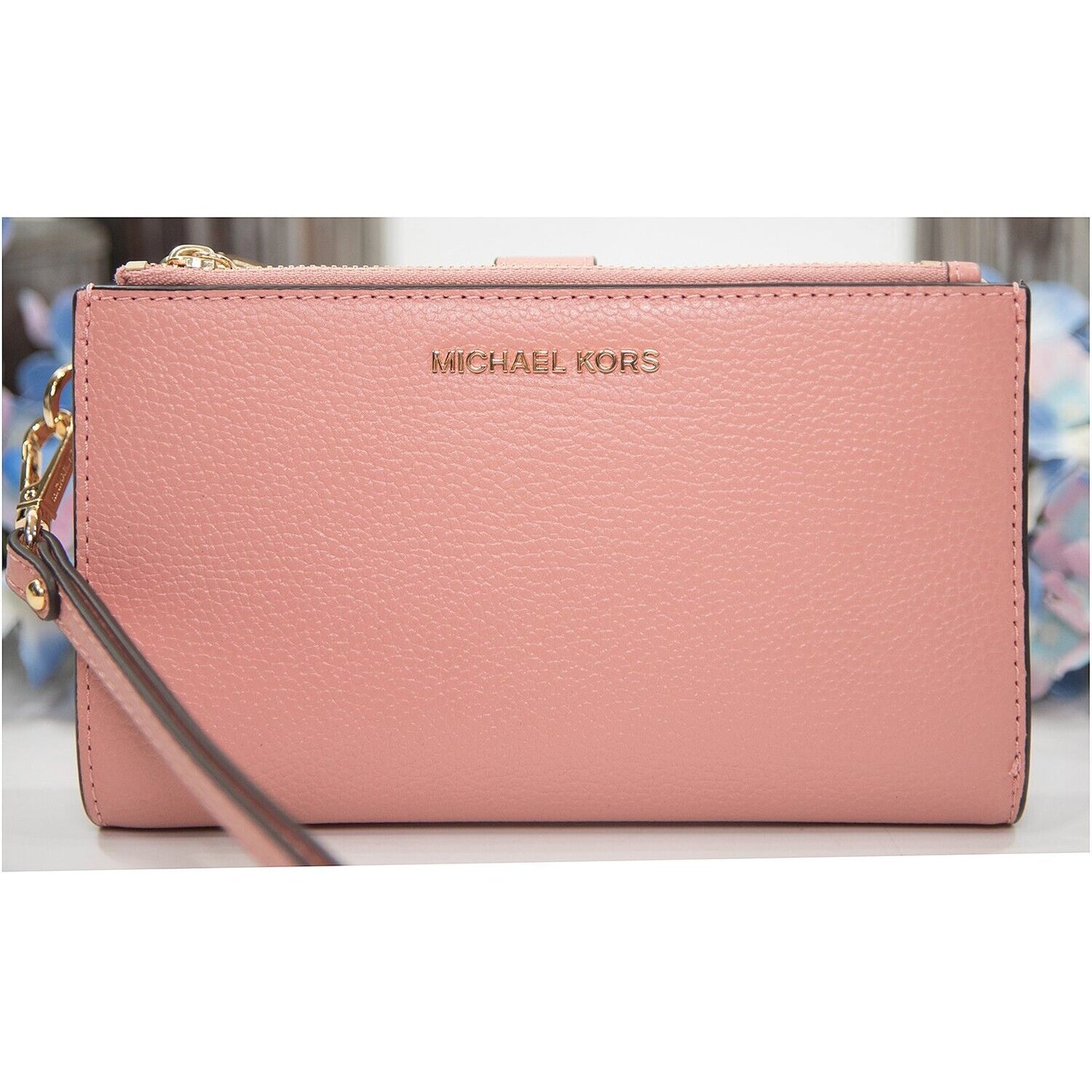 Michael Kors Sunset Rose Leather Logo Double Zip Phone Wristlet NWT