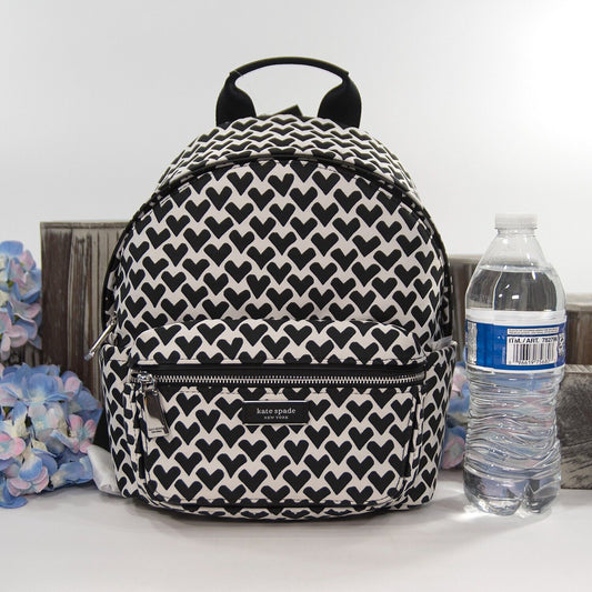 Kate Spade Sam Icon Black White Heart Nylon Jacquard Small Backpack Bag NWT