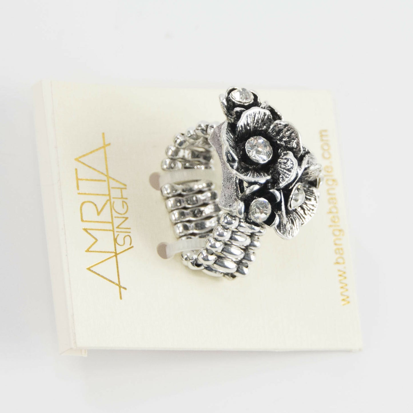 Amrita Singh Silver Crystal Eliza Floral Stretch Cocktail Ring RC 478 NWT
