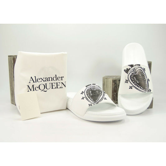 Alexander McQueen Mens White Heart Logo Leather Rubber Pool Slides 45 12 NIB