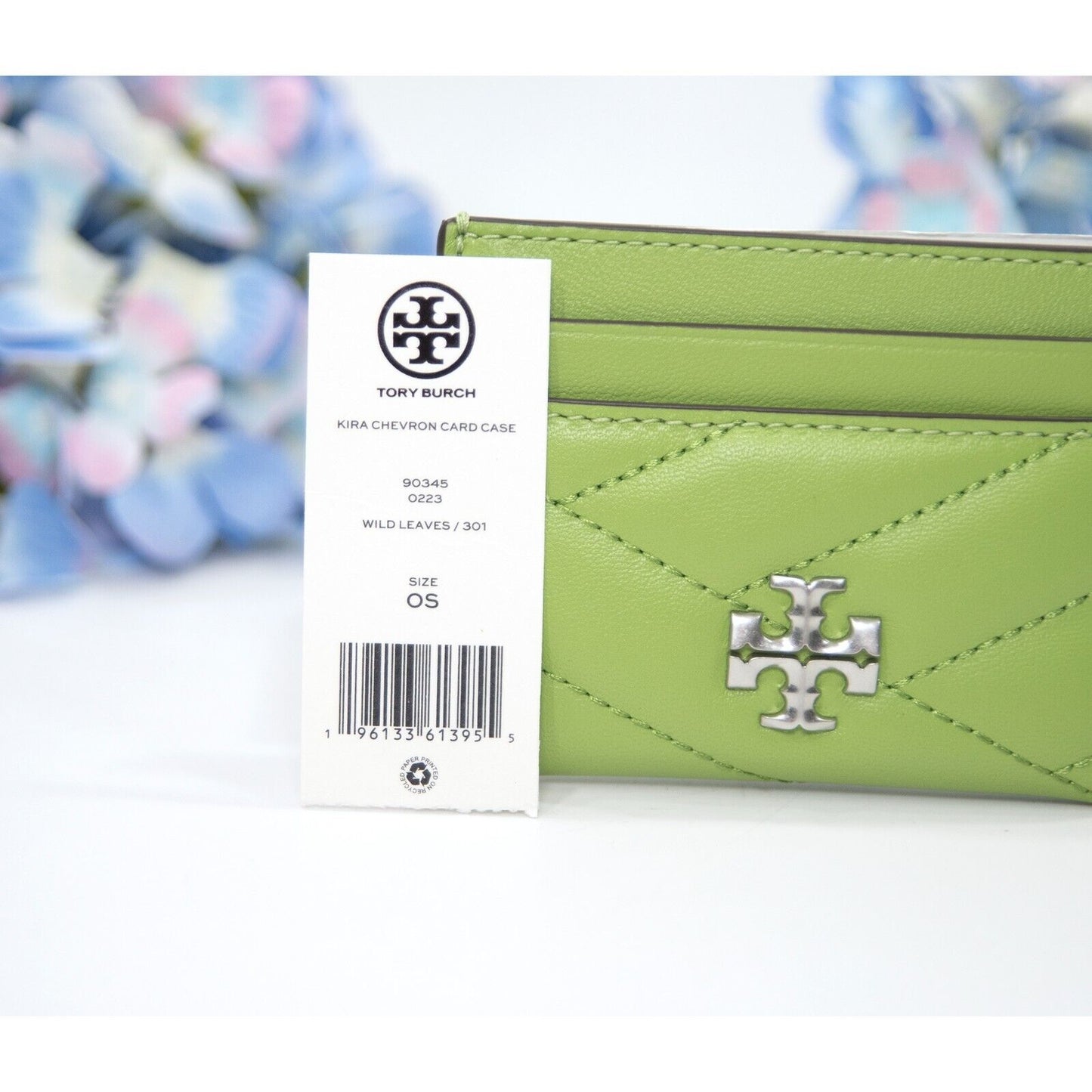 Tory Burch Wild Leaves Green Leather Kira Quilted Logo Card Case Mini Wallet NWT