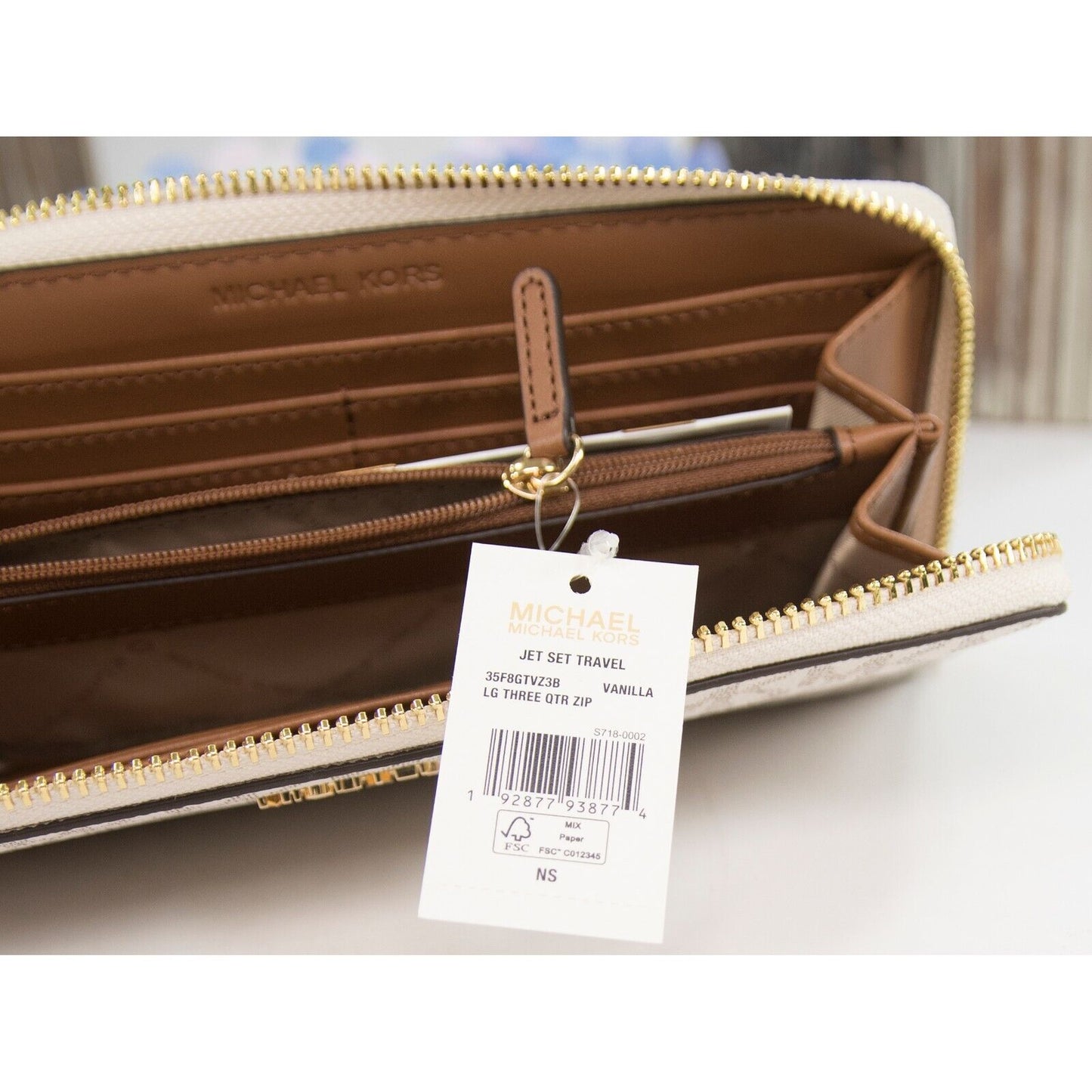 Michael Kors Vanilla Monogram Acorn Leather 3/4 Zip Around Lacey Wallet NWT