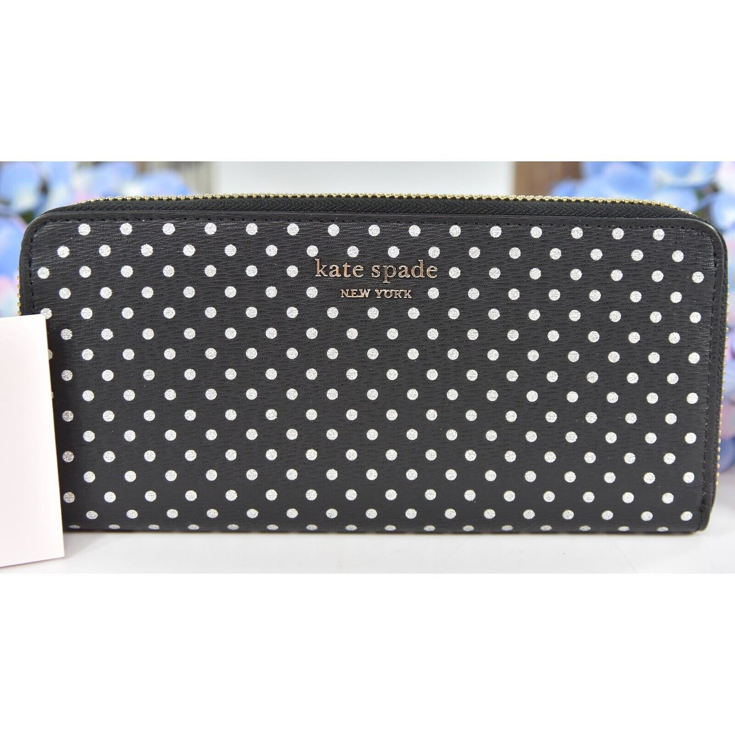 Kate Spade Black Silver Metallic Dot Leather Spencer Zip Around Lacey Wallet NWT