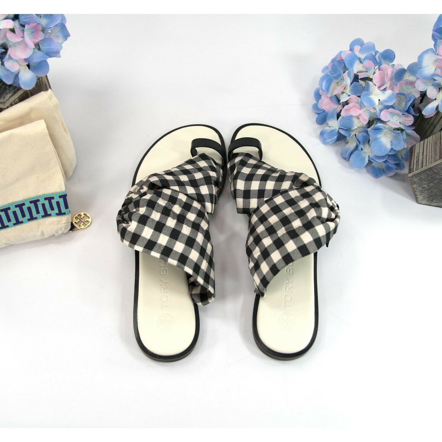 Tory Burch Black New Ivory Gingham Twill Leather Selby Scarf Sandals Size 8 NIB