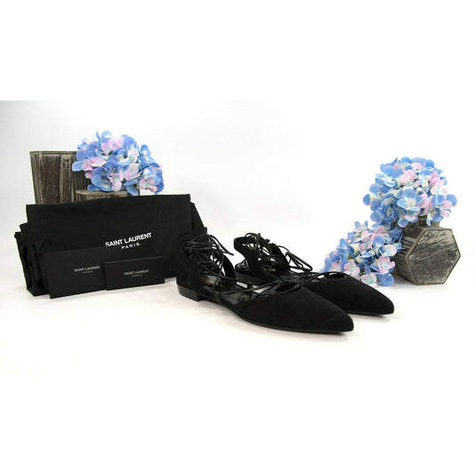 Saint Laurent Black Suede Leather Ankle Lace Flats Size 36 NIB