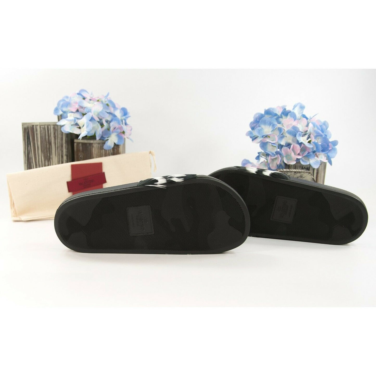 Valentino Black White Feather Embellished Pool Slide Sandals Sz 37 NIB