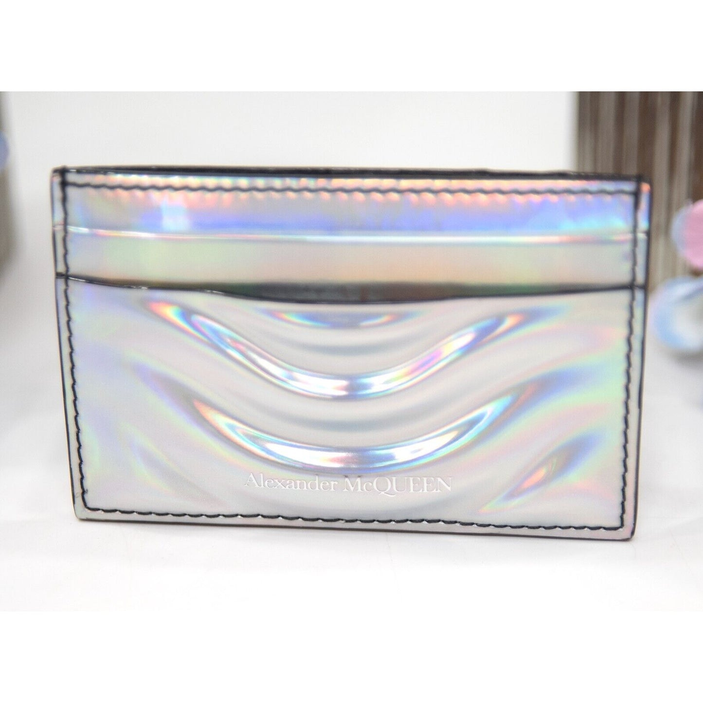 Alexander McQueen Ribcage Iridescent Leather Logo Card Case Mini Wallet NWT