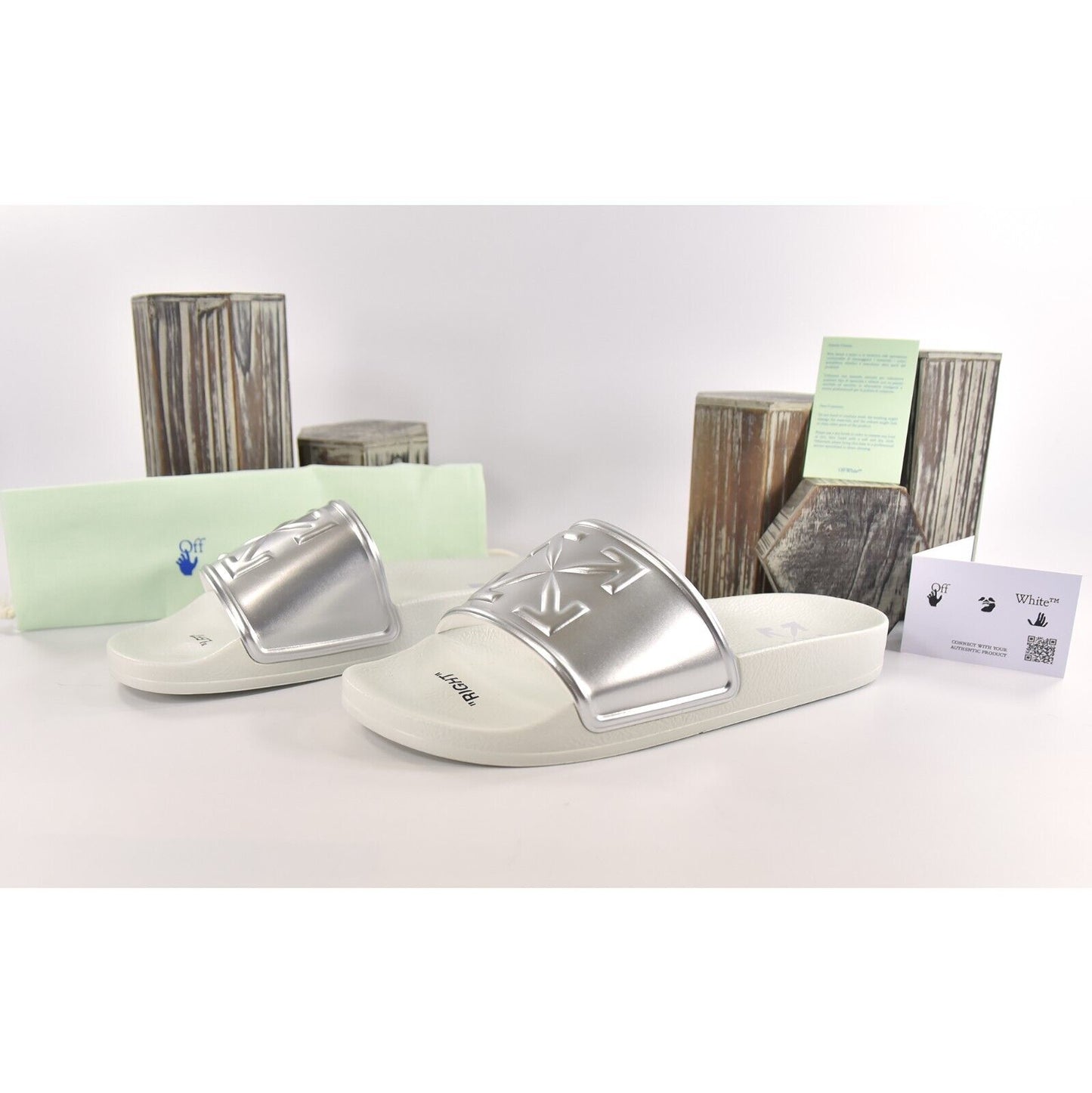 Off-White HF Mirror Silver Arrow Embossed Logo Rubber Pool Slides 43 NIB