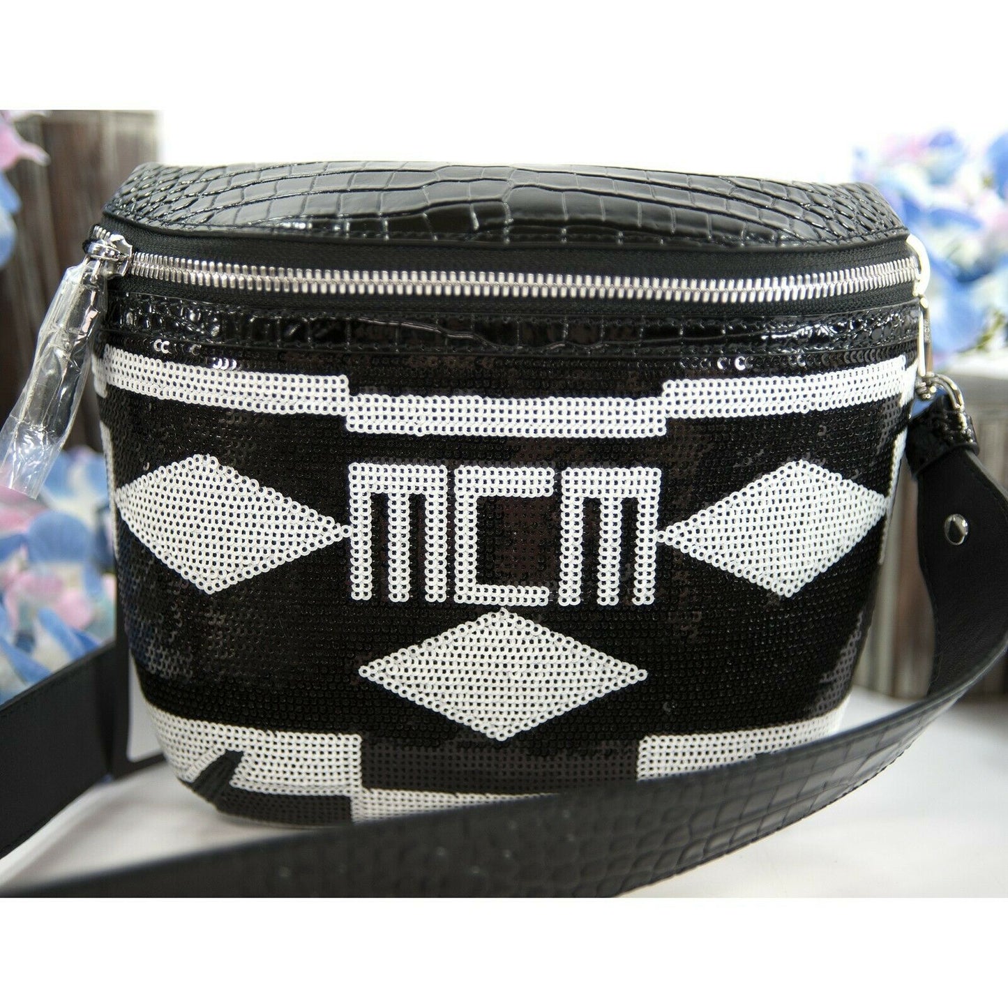 MCM Limited Edition Geo Croco Black White Sequin Logo Convertible Belt Bag NWT