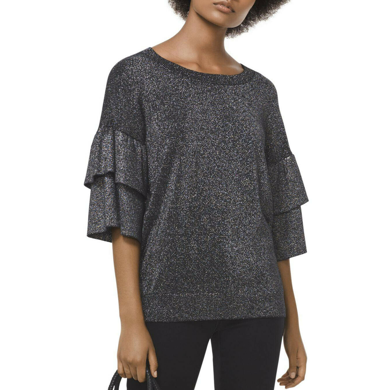 Michael Kors Silver Black Glitter Metallic Ruffle Sleeve Knit Blouse Top S NWT