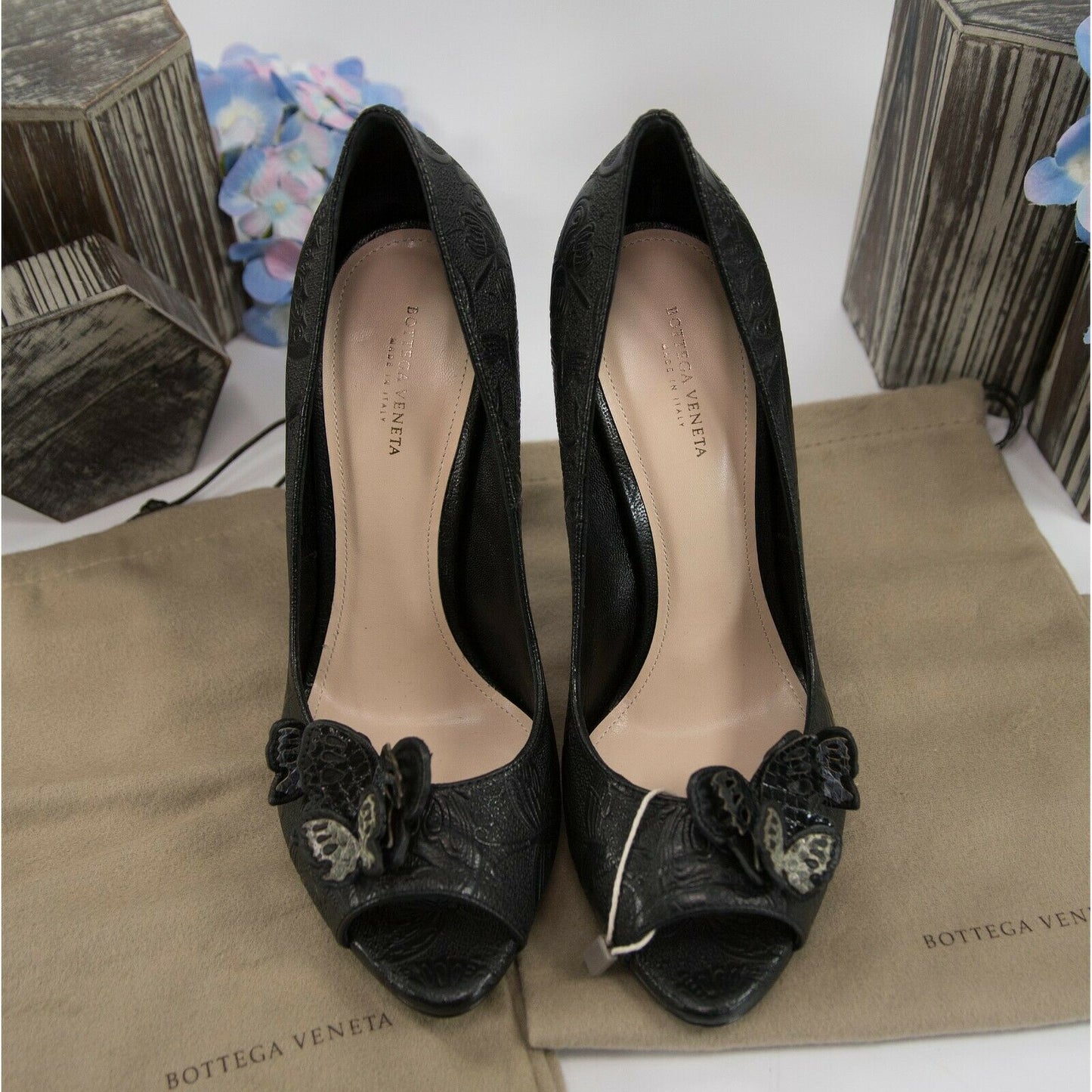 Bottega Veneta Black Leather Python Butterfly Runway Heels 38 8 NIB $2450