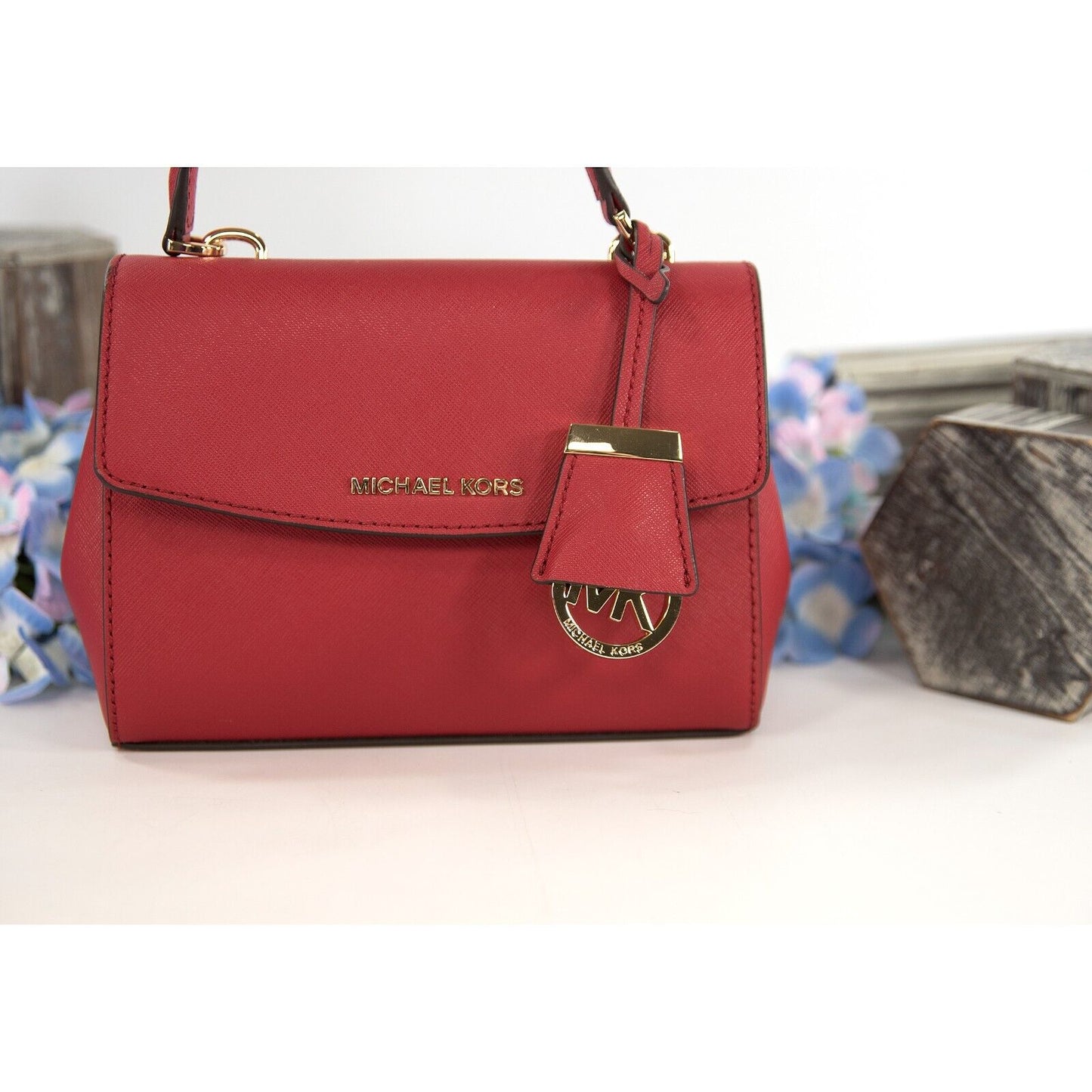 Michael Kors Crimson Red Leather Ava XS Extra Small Satchel Crossbody Bag NWT