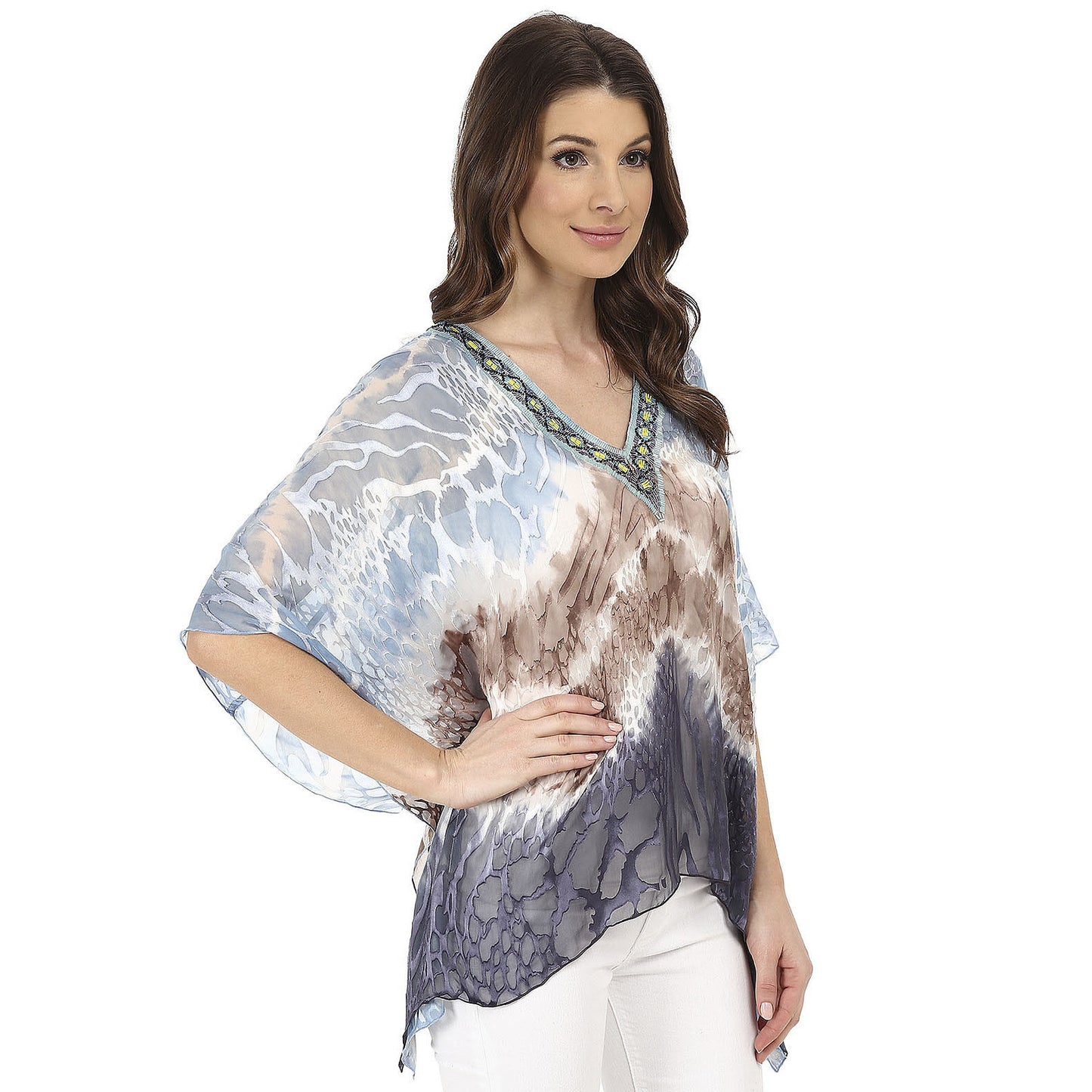 Hale Bob Blue Taupe Silk Burnout Dip Dye Beaded Dolman Top Shirt Blouse Sz S NWT