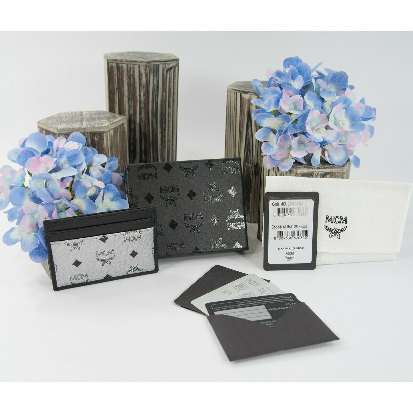 MCM Monogram Spot Viseto Black Silver Leather Card Case Holder NWT