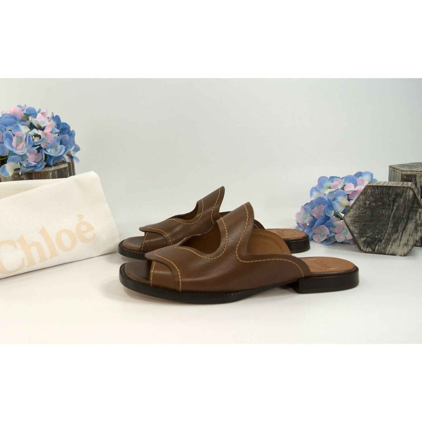 Chloe Brown Leather Gail Cut Out Flat Mules Slides Sz 38 NIB