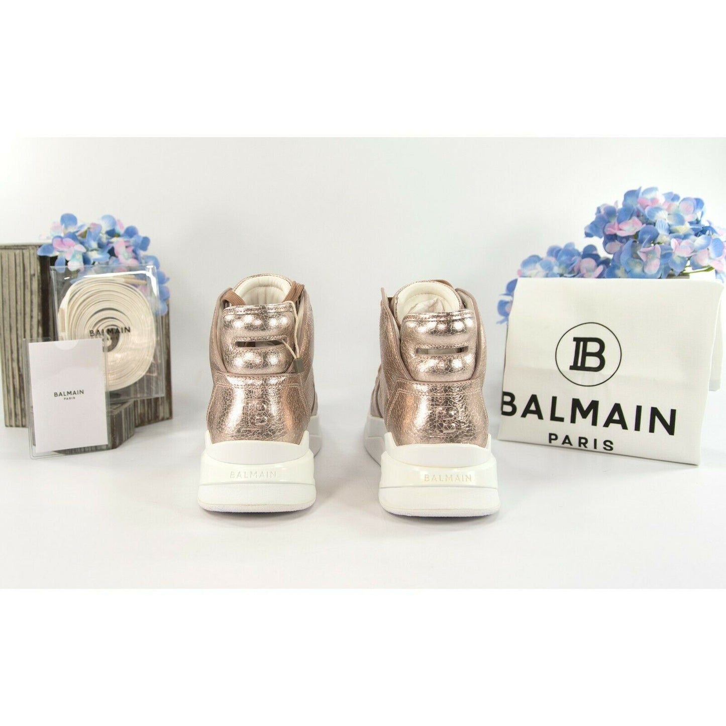 Balmain Rose Gold B-Ball High Top Leather Sneakers 38 NIB