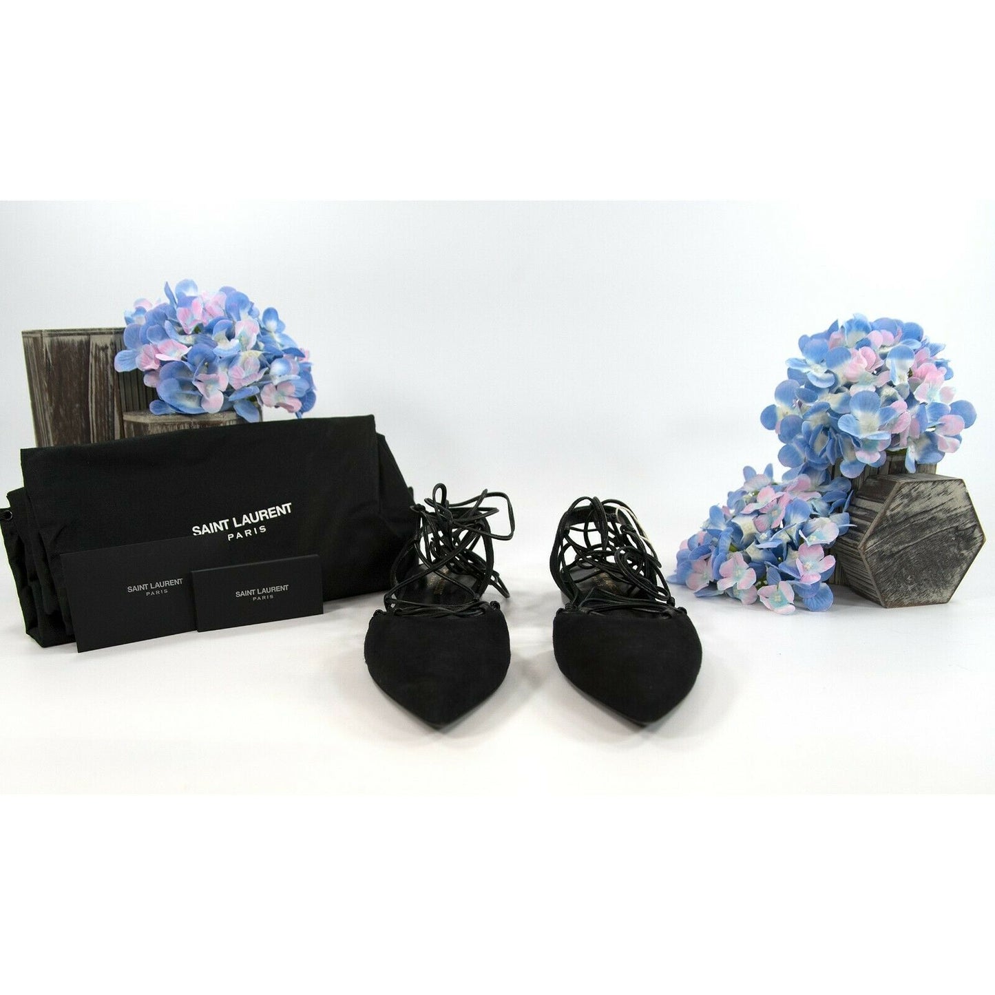 Saint Laurent Black Suede Leather Ankle Lace Flats Size 36 NIB