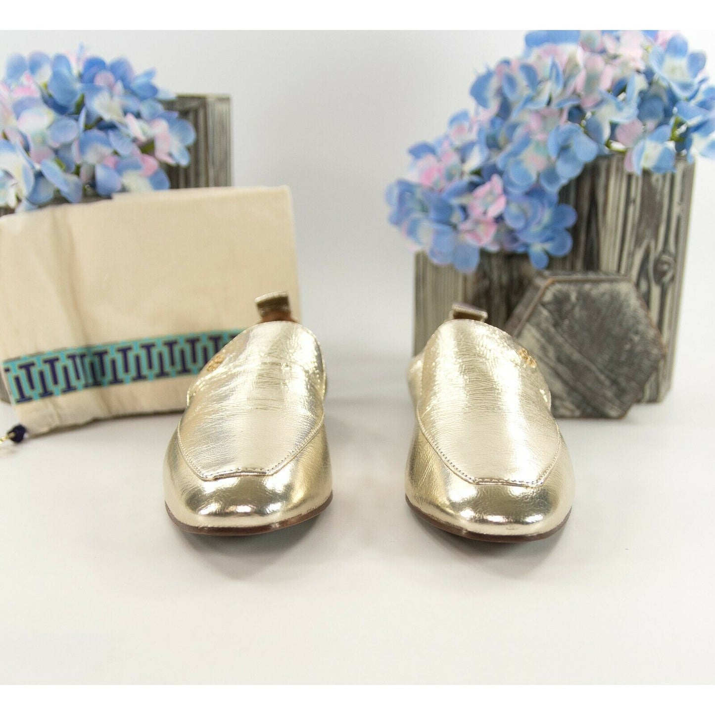 Tory Burch Kira 20MM Spark Gold Metallic Leather Elastic Loafer Sz 6 NIB