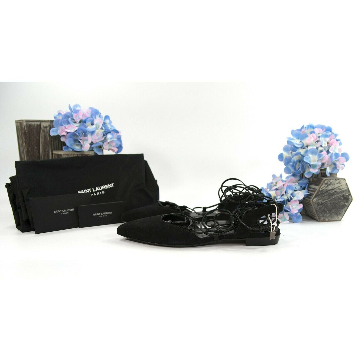Saint Laurent Black Suede Leather Ankle Lace Flats Size 36 NIB