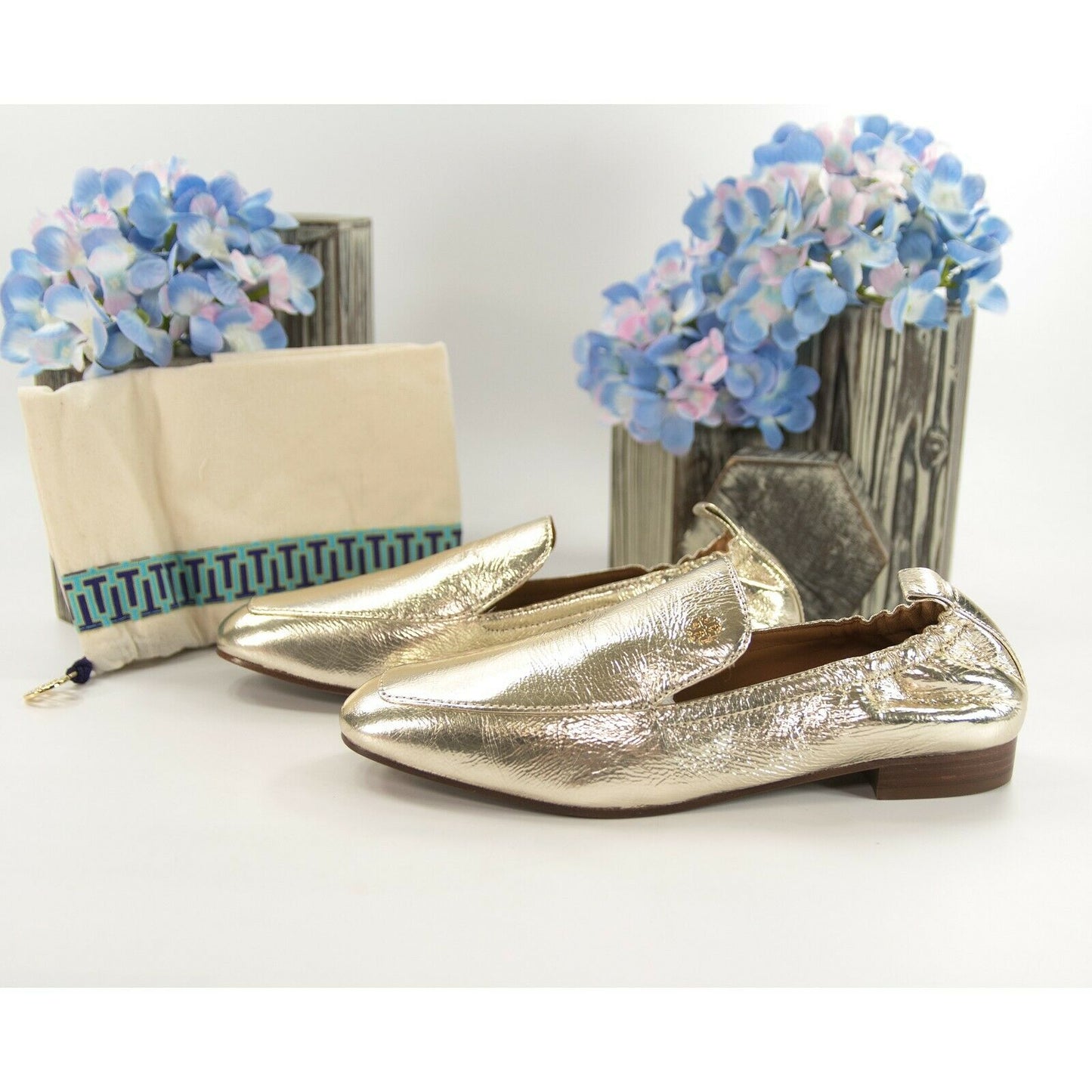 Tory Burch Kira 20MM Spark Gold Metallic Leather Elastic Loafer Sz 6 NIB